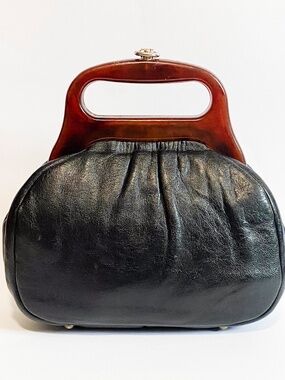 Neusteters Vintage Mid Century 60s Black Leather Handbag Tortoiseshell Handle